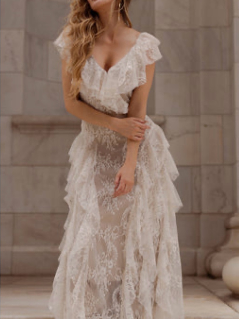 Joyfolie Ivory Lace Ruffle Tiered Gown